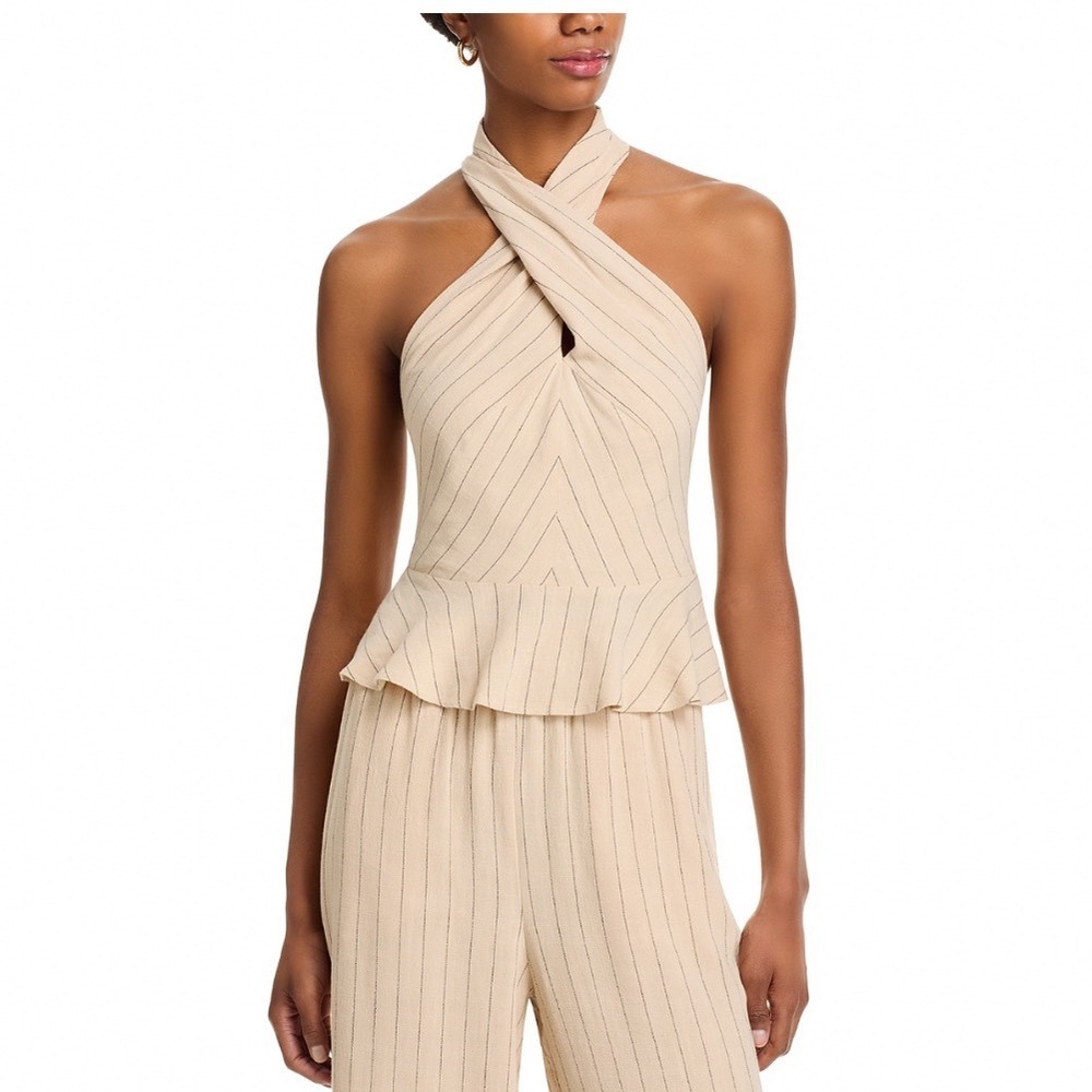 Steve Madden Kosta Peplum Halter Top Oatmeal Beige Striped Crossover Neck Medium
